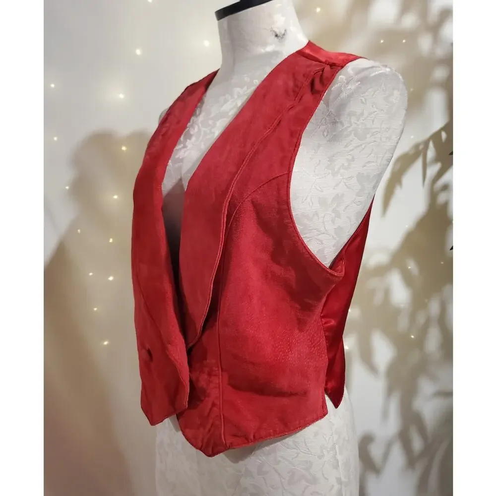 Vtg Lord & Taylor Silky Split Pig Leather Double Breasted Waistcoat Vest 10 Red